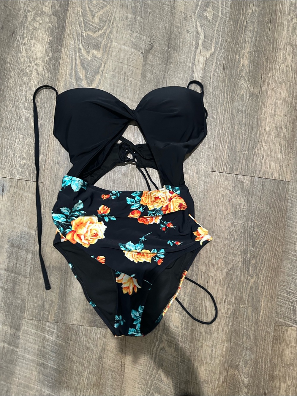 Cupshe Black One-Piece Swimsuit with Yellow & Teal Floral Print